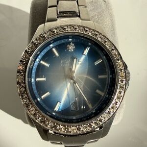 Fossil Blue Dial Watch with Silver and Crystal Details